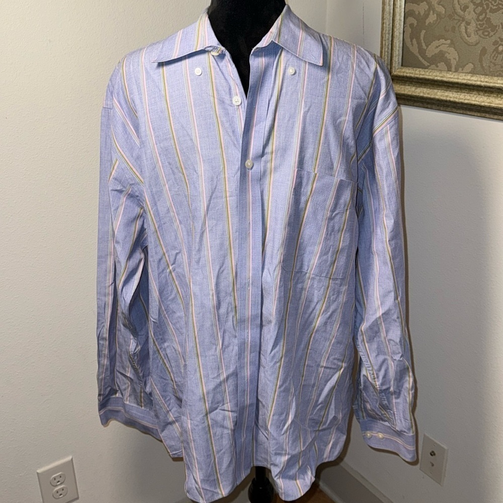 Alan Flusser Men’s Sz L buttoned down pin point blue striped long sleeves shirt